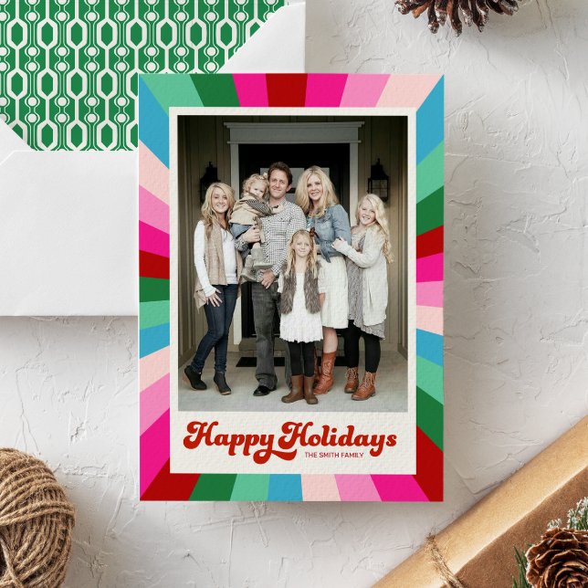 Retro Festive Rainbow Pink Christmas Photo Holiday (Creator Uploaded)