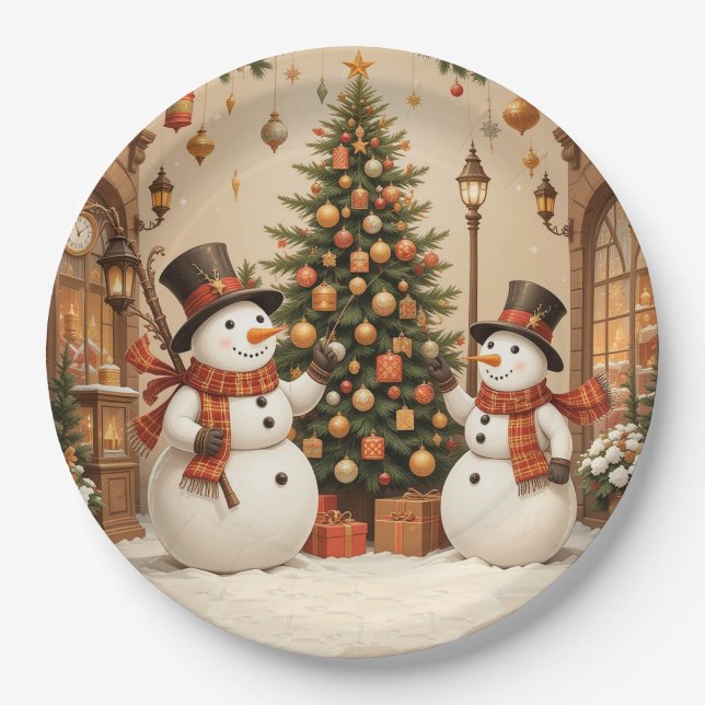 Retro Festive Snowmans and Christmas Tree Paper Plates (Front)