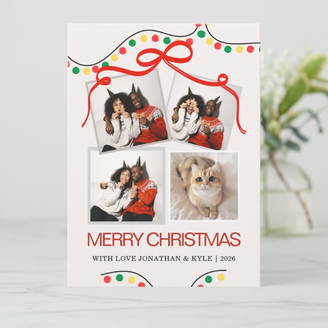 Retro Festive String Lights Multi Photo Christmas Holiday Card (Standing Front)