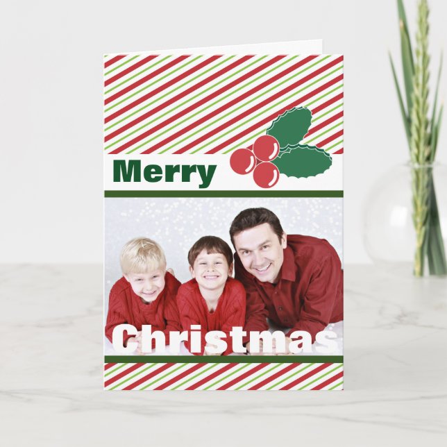 Retro Festive Stripes and Holly Custom Photo Holiday Card (Front)