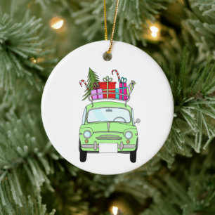 Retro Fiat 500 with Christmas Gifts Ceramic Ornament