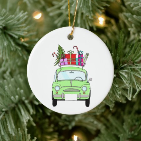 Retro Fiat 500 With Christmas Gifts Ceramic Ornament