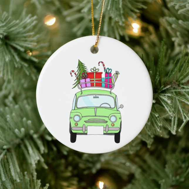 Retro Fiat 500 with Christmas Gifts Ceramic Ornament (Tree)