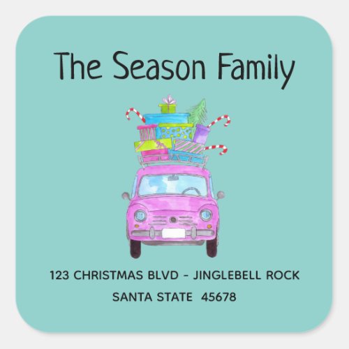 Retro Fiat 500 with Christmas Gifts Square Sticker