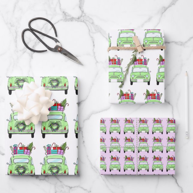 Retro Fiat 500 with Christmas Gifts Wrapping Paper Sheets (Front)