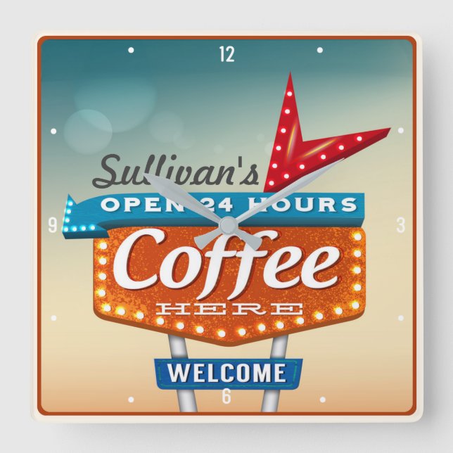 Retro Fifties Coffee Cafe Personalized Diner Sign Square Wall Clock (Front)