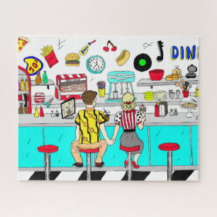 Retro Fifties Diner with Couple Holding Hands Jigsaw Puzzle