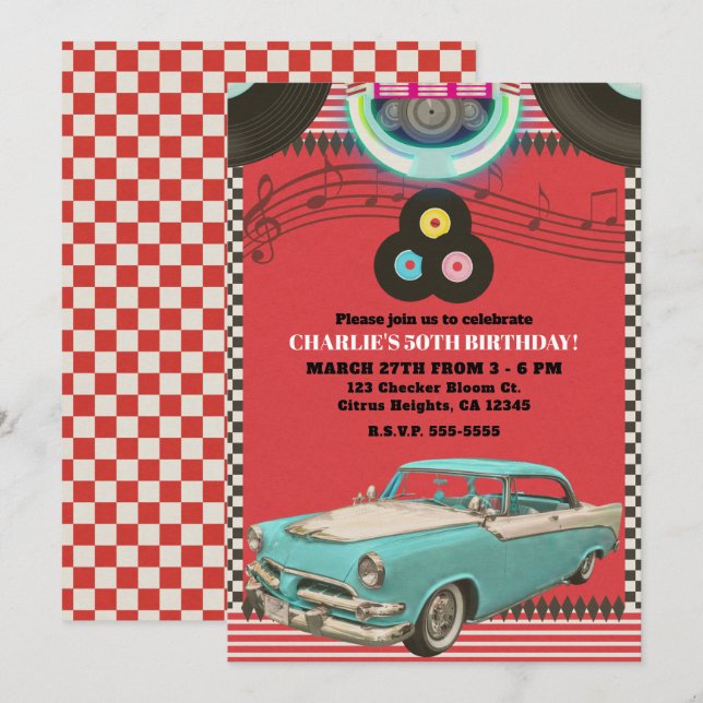 Retro Fifties Vintage Classic Car 50's 50 Party Invitation (Front/Back)