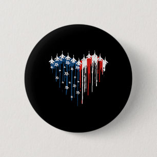 Retro Fighter Jet Airplane American Flag Heart 4th Button