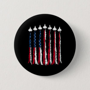 Retro Fighter Jet Airplane American Flag Heart 4th Button