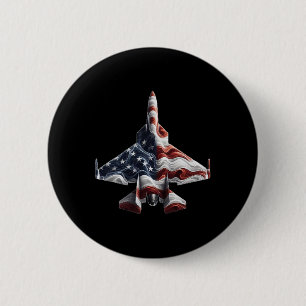 Retro Fighter Jet Airplane American Flag Heart 4th Button