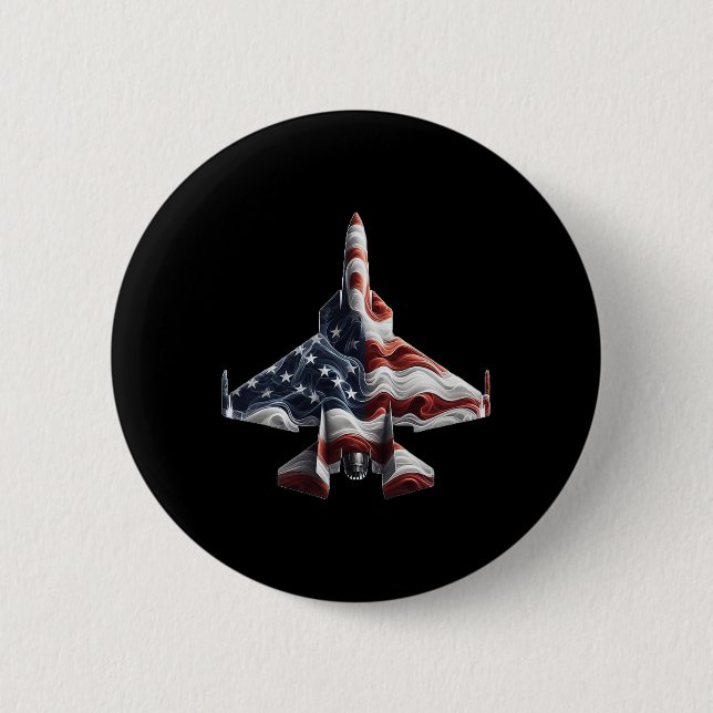 Retro Fighter Jet Airplane American Flag Heart 4th Button (Front)