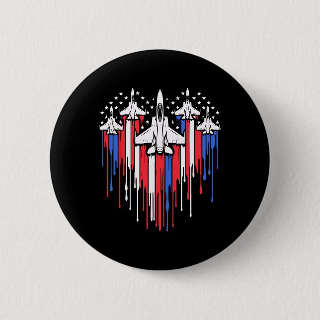Retro Fighter Jet Airplane American Flag Heart 4th Button (Front)