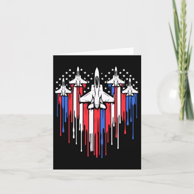 Retro Fighter Jet Airplane American Flag Heart 4th Card (Front)