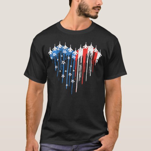 Retro Fighter Jet Airplane American Flag Heart 4Th T_Shirt