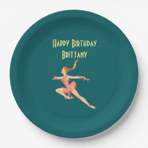 Retro Figure Skater in Pink Happy Birthday Paper Plates