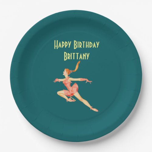 Retro Figure Skater in Pink Happy Birthday Paper Plates