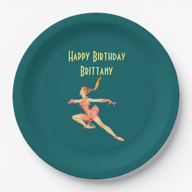 Retro Figure Skater in Pink Happy Birthday Paper Plates (Front)
