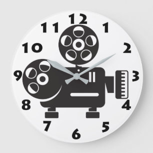 RETRO FILM PROJECTOR IN BLACK AND WHITE LARGE CLOCK