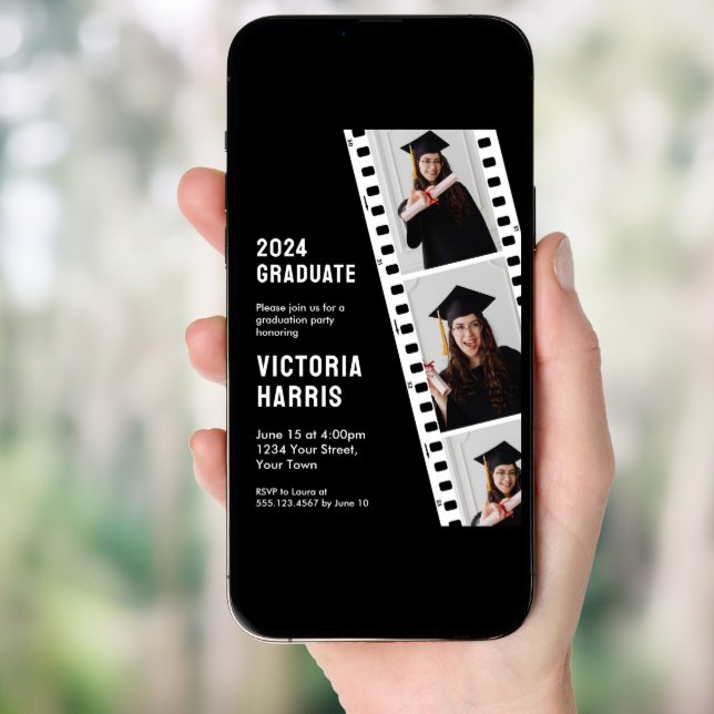 Retro Film Strip Custom 3 Photos Cool Graduation Invitation (Front Digital)