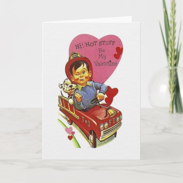 Retro Fire Fighter Hot Stuff Valentine's Day Card (Front)