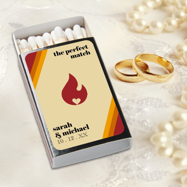 Retro Fire Heart Striped The Perfect Match Wedding (retro fire heart wedding favor matchbox matches)