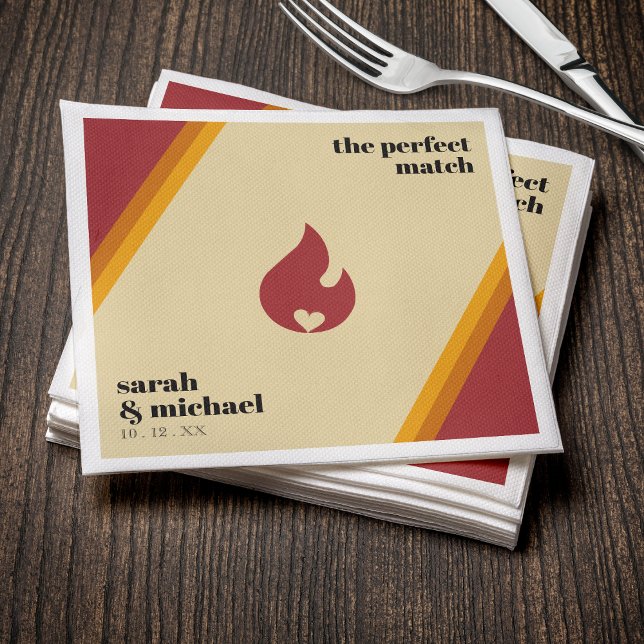 Retro Fire Heart Striped The Perfect Match Wedding Napkins (Creator Uploaded)
