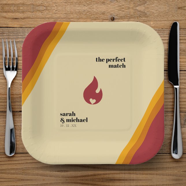 Retro Fire Heart Striped The Perfect Match Wedding Paper Plates (Retro Fire Heart Striped The Perfect Match Wedding Paper Plates
)