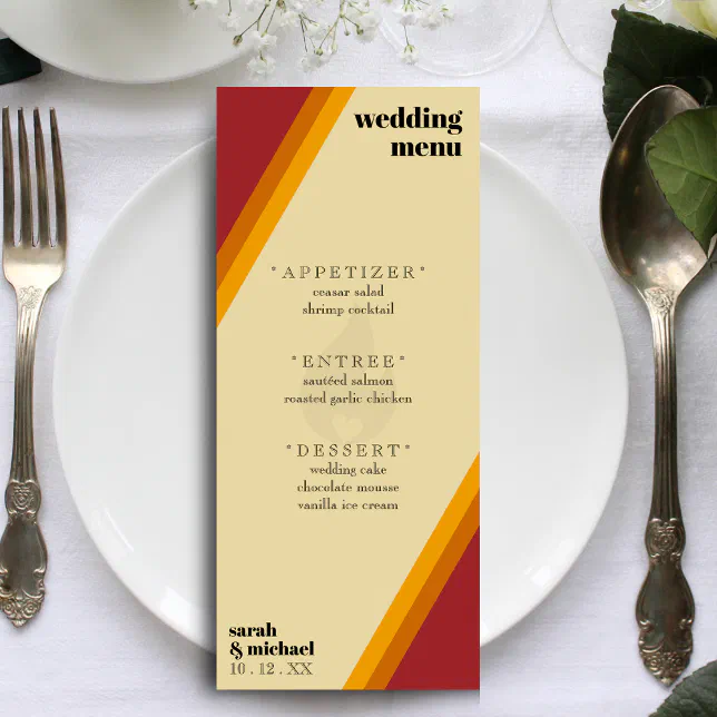 Retro Fire Heart Striped Wedding Reception Menu | Zazzle