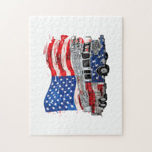 Retro Fire Truck Firefighter Fireman USA Flag 4th  Jigsaw Puzzle
