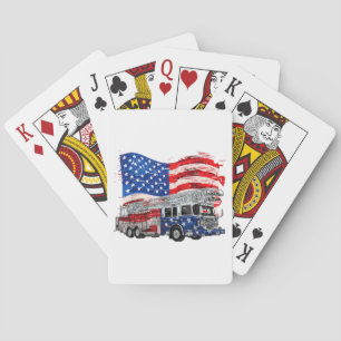 Retro Fire Truck Firefighter Fireman USA Flag 4th Poker Cards