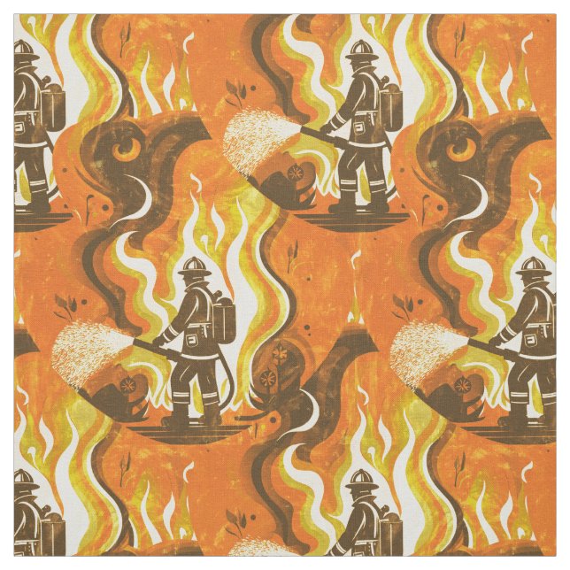 Retro Firefighter and Flames in Orange and yellow Fabric (Swatch)