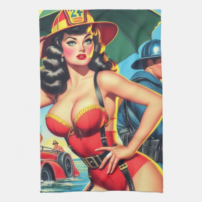 Retro Firefighter Girl Kitchen Towel (Vertical)