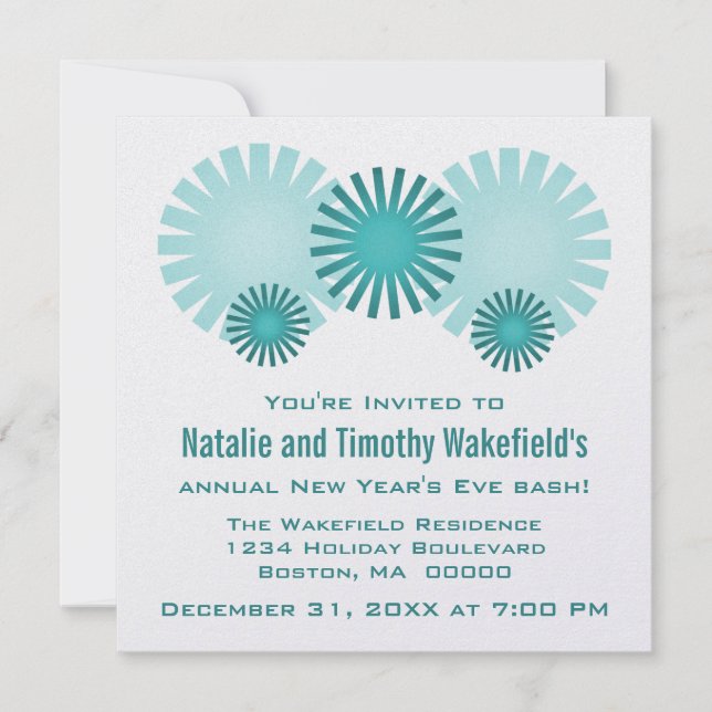 Retro Fireworks New Year's Eve Invite, Teal Invitation (Front)