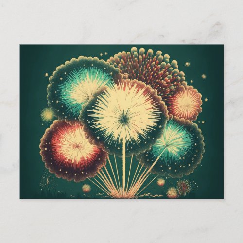 Retro Fireworks Over City Postcard