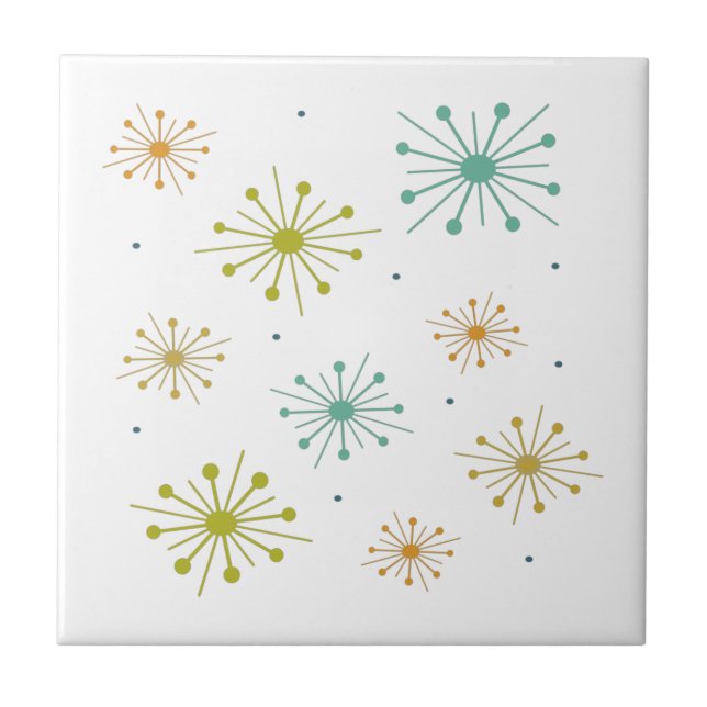 Retro Fireworks Starbursts Colorful Mid-century Ceramic Tile (Front)