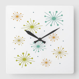 Retro Fireworks Starbursts Colorful Mid-century Square Wall Clock