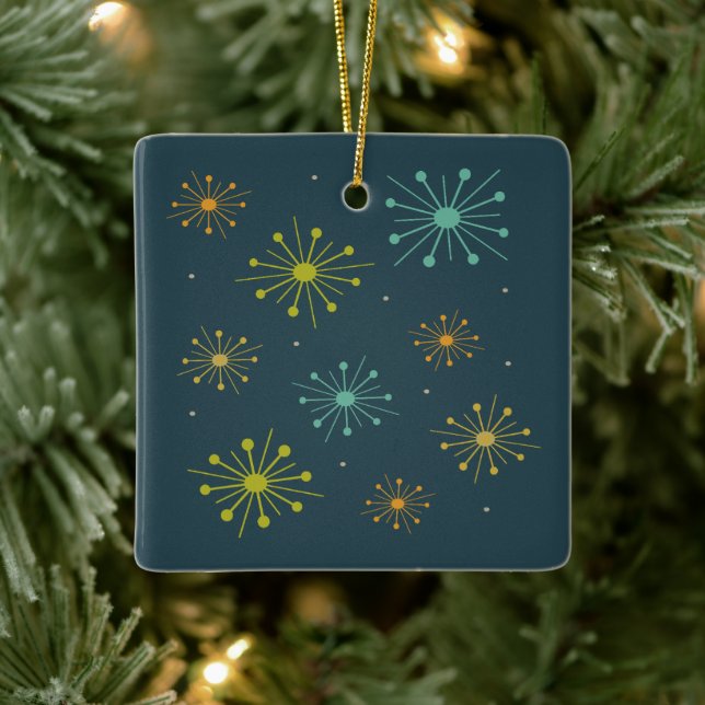 Retro Fireworks Starbursts Dark Blue Mid Century Ceramic Ornament (Tree)