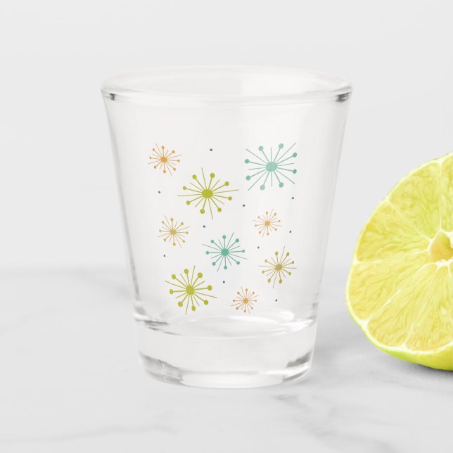 Retro Fireworks Starbursts Funky Mid Century Shot Glass (Front)