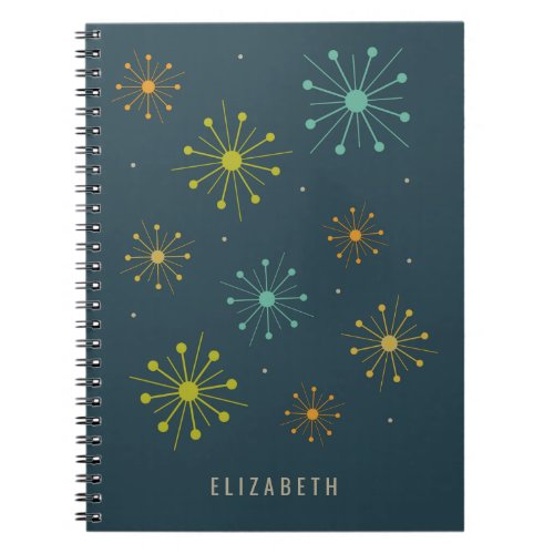 Retro Fireworks Starbursts on Dark Blue Midcentury Notebook