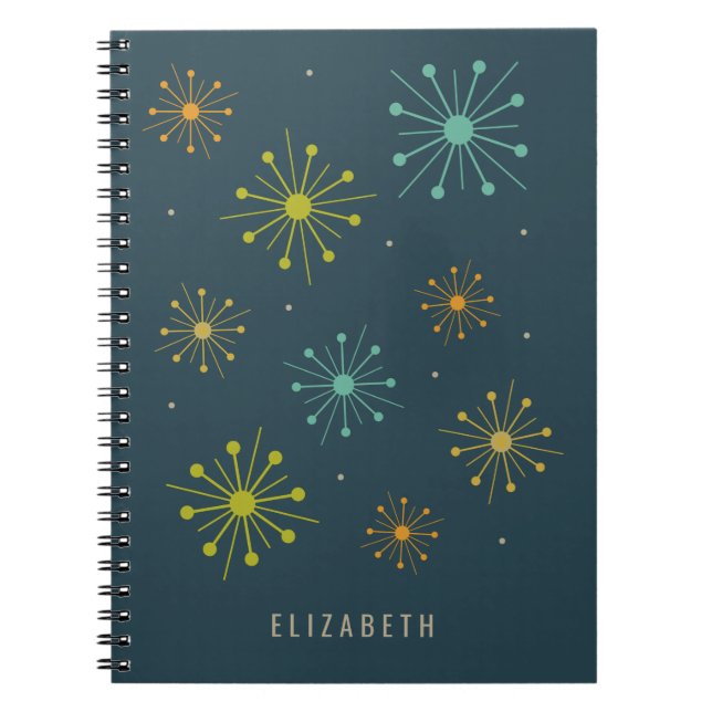 Retro Fireworks Starbursts on Dark Blue Midcentury Notebook (Front)