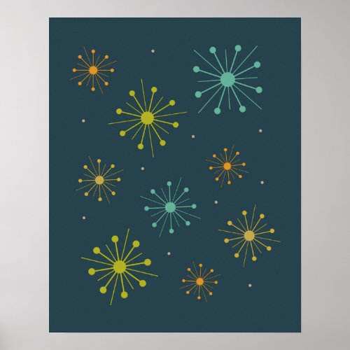 Retro Fireworks Starbursts on Dark Blue Midcentury Poster