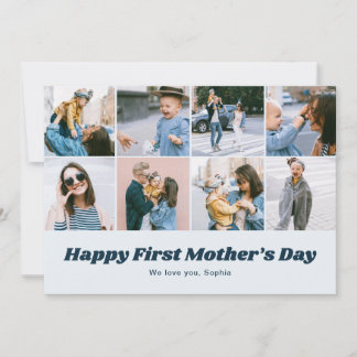Retro First Mothers Day 12 Photo Collage Blue Holiday Card