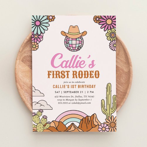 Retro First Rodeo Western Girl 1st Birthday Invitation