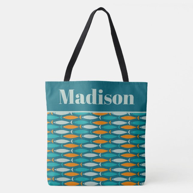 Retro Fish Pattern Turquoise Coastal Personalized Tote Bag (Front)