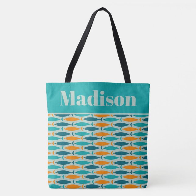Retro Fish Pattern Turquoise Orange Personalized Tote Bag (Front)