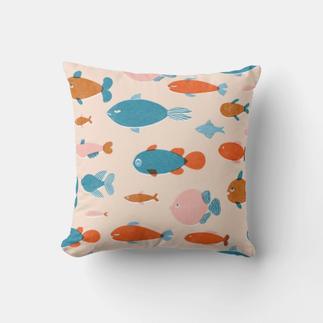 Retro Fish: Risograph Style Pattern Throw Pillow (Front)