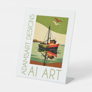 Retro Fishing Boat Reflection Mid-Century Pedestal Sign