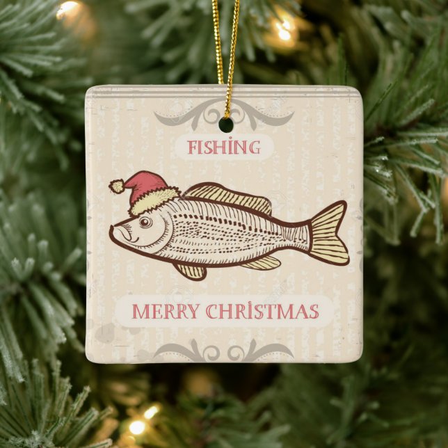 Retro Fishing Christmas Fish In Santa Hat Ceramic Ornament (Tree)