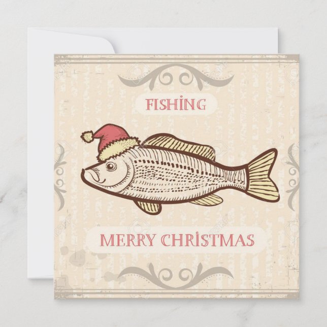 Retro Fishing Christmas Fish In Santa Hat Holiday Card (Front)